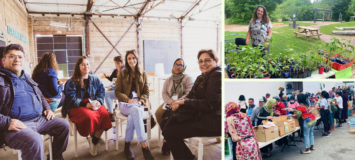 A photo montage of community food sector events: conference attendees; a smiling person at an outdoor community market; people outdoors at a food bank.